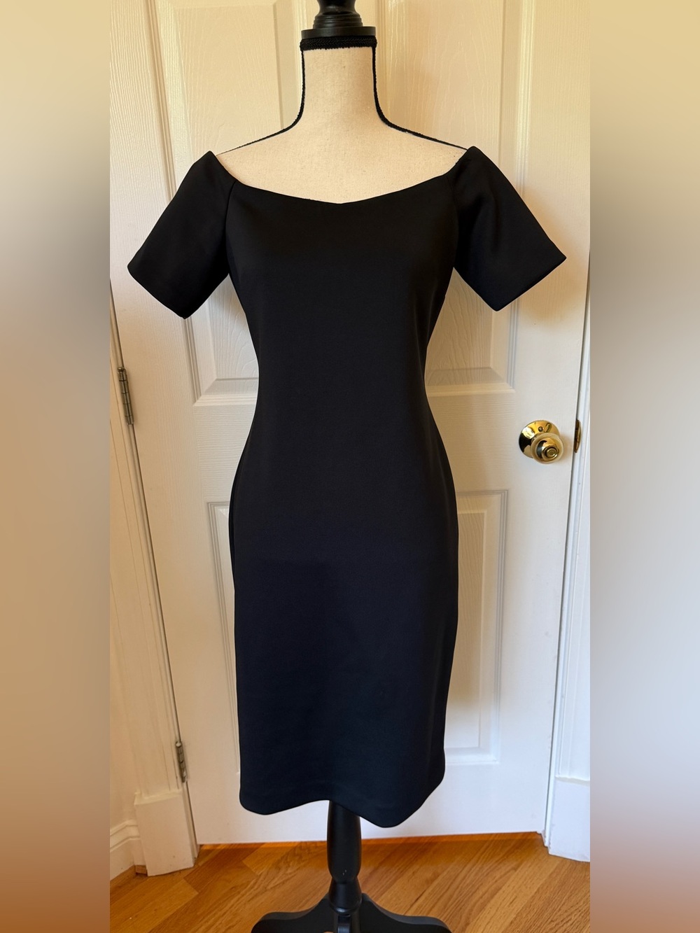 Calvin Klein Black Off-Shoulder Midi Dress 8 Ballet Neckline Gold Charm Zipper